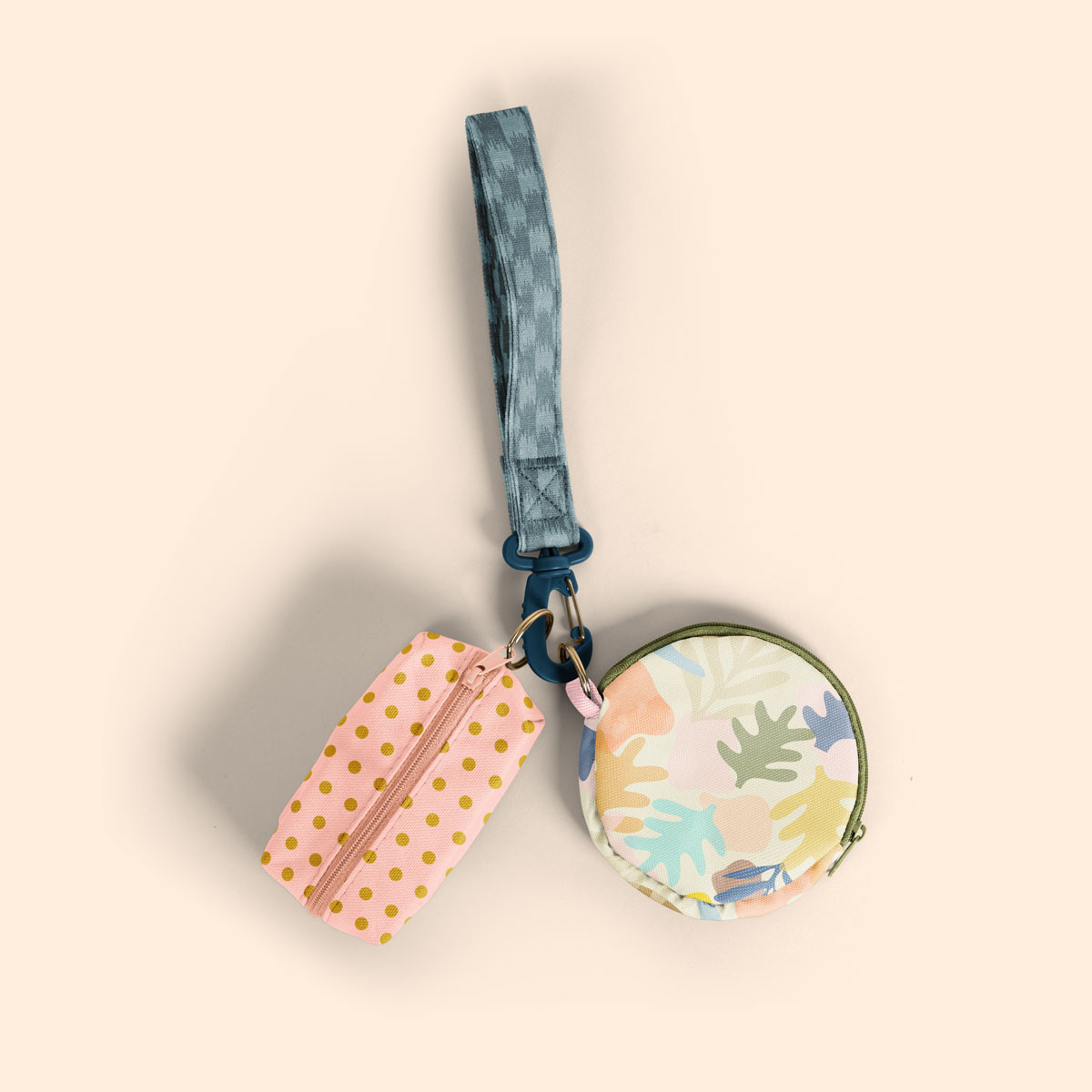 Wristlet combo set 2 — teal strap with polka dot and floral pouches